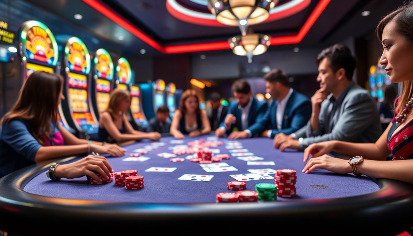 Exciting gaming experience at Rikvip with players engaged in casino table games and vibrant slot machines.