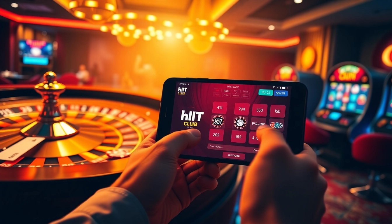 Engaging scene of gamblers playing at an online casino with the Hit Club app https://hitclub9.us.com/ interface visible, highlighting luxury.