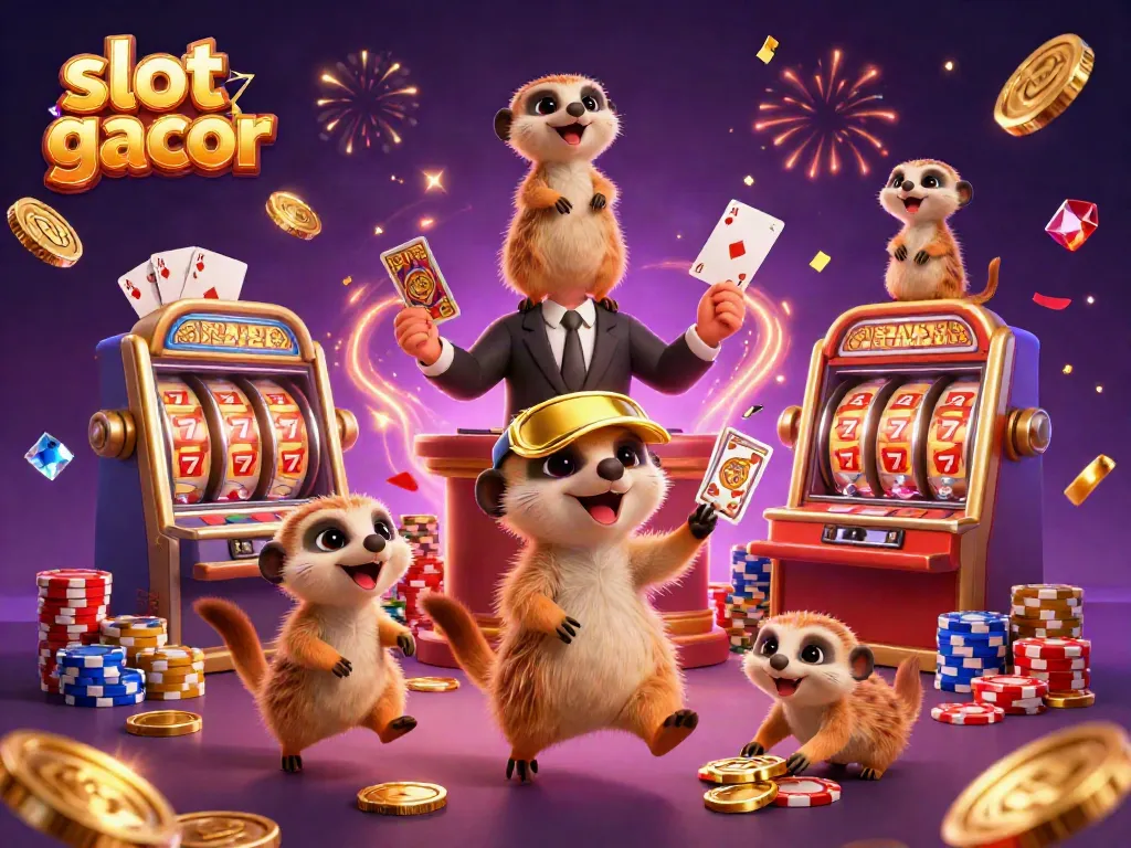 Slot gacor: Koloni meerkat menjalankan kasino dengan slot mesin dan chip melimpah.