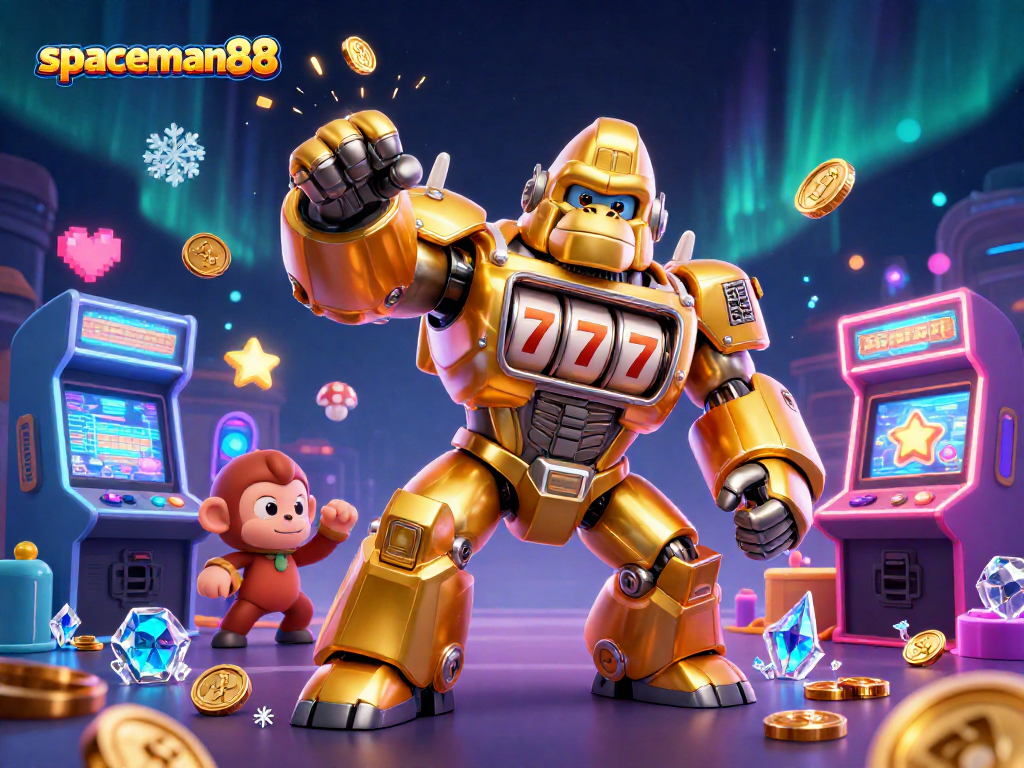 Experience the thrills of spaceman88 with a dynamic 3D illustration of a golden gorilla mech and arcade elements.