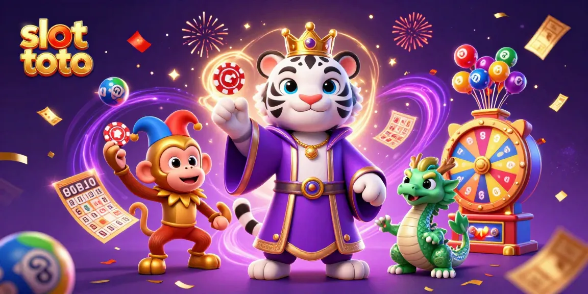 Engaging slot toto illustration featuring a white tiger, playful monkey, and a jade dragon, bursting with casino elements.