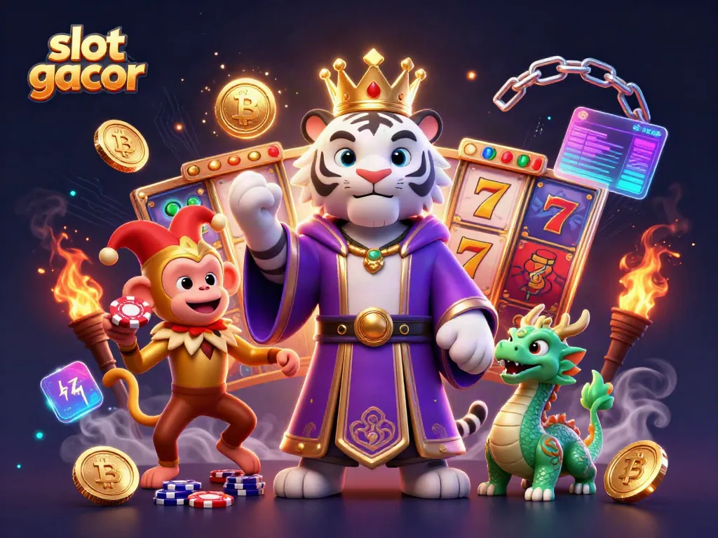 Experience the excitement of slot gacor with a vibrant 3D illustration featuring a winning tiger and lucky jackpot elements.