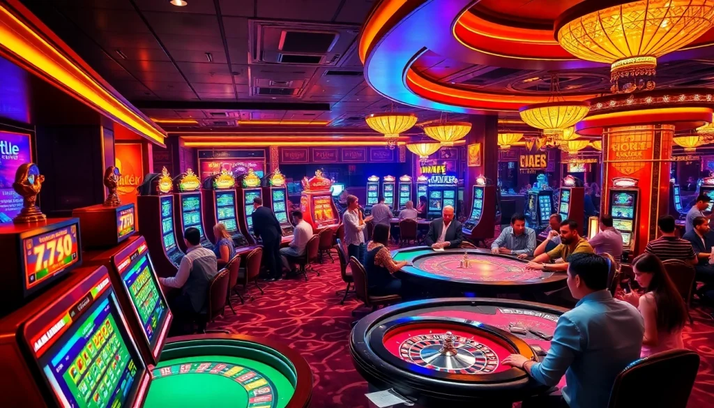 Engaged players enjoying gaming excitement at 789club casino with colorful slot machines.