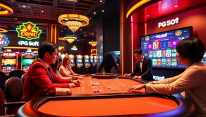 Engaged players at a PG Soft gaming table with vivid casino elements illustrating thrilling gameplay.