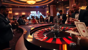 SODO casino scene showcasing a spinning roulette wheel and focused players in an elegant setting