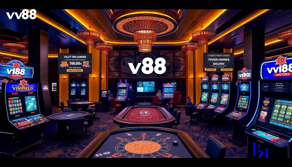 Exciting vn88 online casino scene with players at tables and vibrant slot machines.