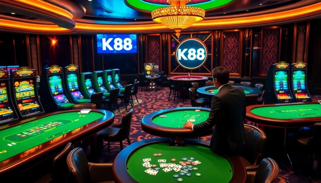 K88 online casino with vibrant tables, live dealer, and exciting slot machines.