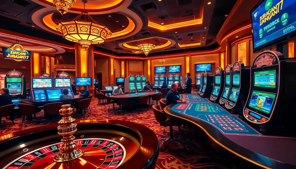 Players enjoying diverse casino games at juragan77 with vibrant slot machines and roulette wheels.