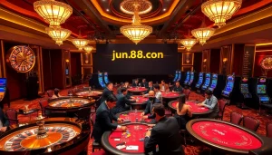 Players enjoying a high-stakes game at Jun88 con casino, showcasing luxury and excitement.