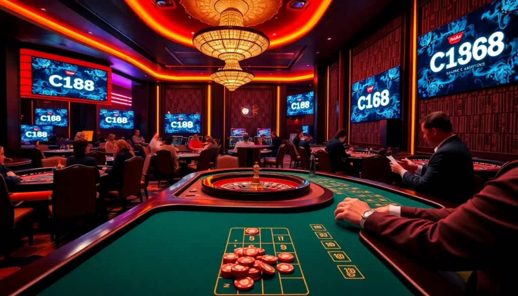 C168 casino players strategizing at a luxurious blackjack table under neon lights.