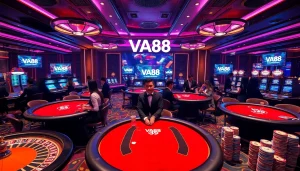 Engage in an exciting gambling scene at VA88, featuring vibrant casino tables and slot machines.