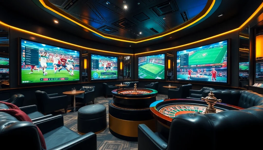 แทงบอล excitement amidst luxury sports betting atmosphere with screens and betting slips.