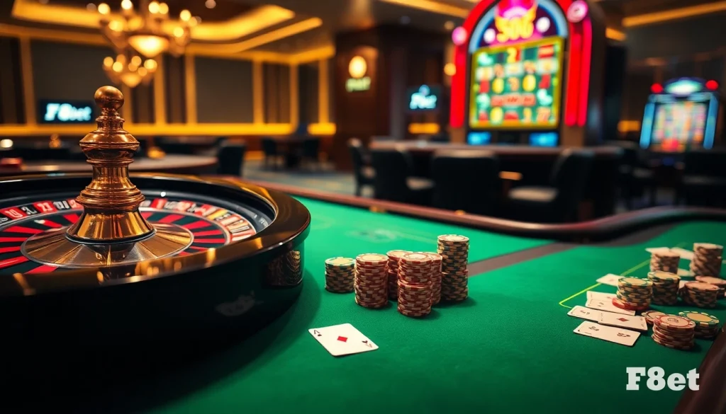 Gamblers enjoying a thrilling game at F8bet's luxurious casino tables with poker chips and cards.