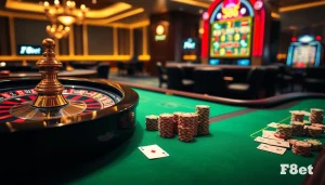 Gamblers enjoying a thrilling game at F8bet's luxurious casino tables with poker chips and cards.
