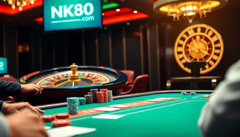 Action-packed gaming scene at NK88.com featuring poker and roulette for gamblers.