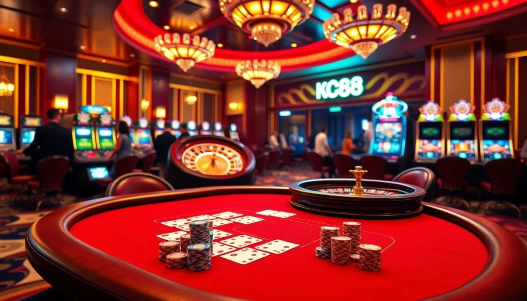K88 casino scene with poker table, roulette wheel, and vibrant slot machines.