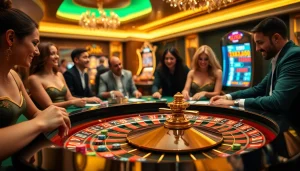 Exciting gambling scene at OKFUN casino with lively players at the roulette and poker tables.
