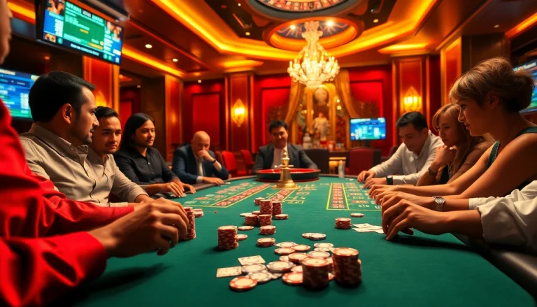 Engaging casino scene showcasing Tool xo so sieu toc with poker players, chips, and a roulette wheel.