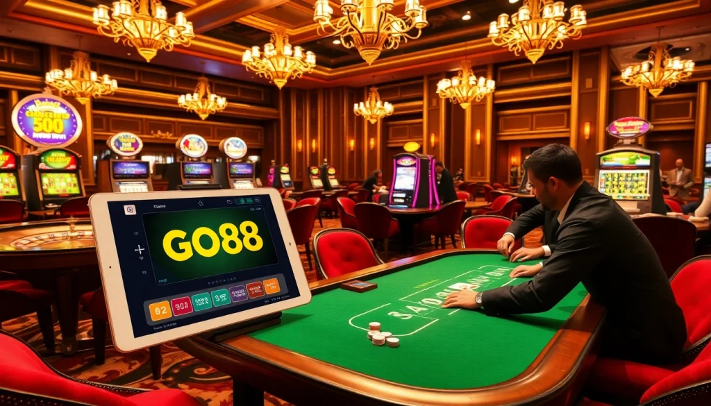 Engaging GO 88 online gambling experience with vibrant casino elements and luxury atmosphere.