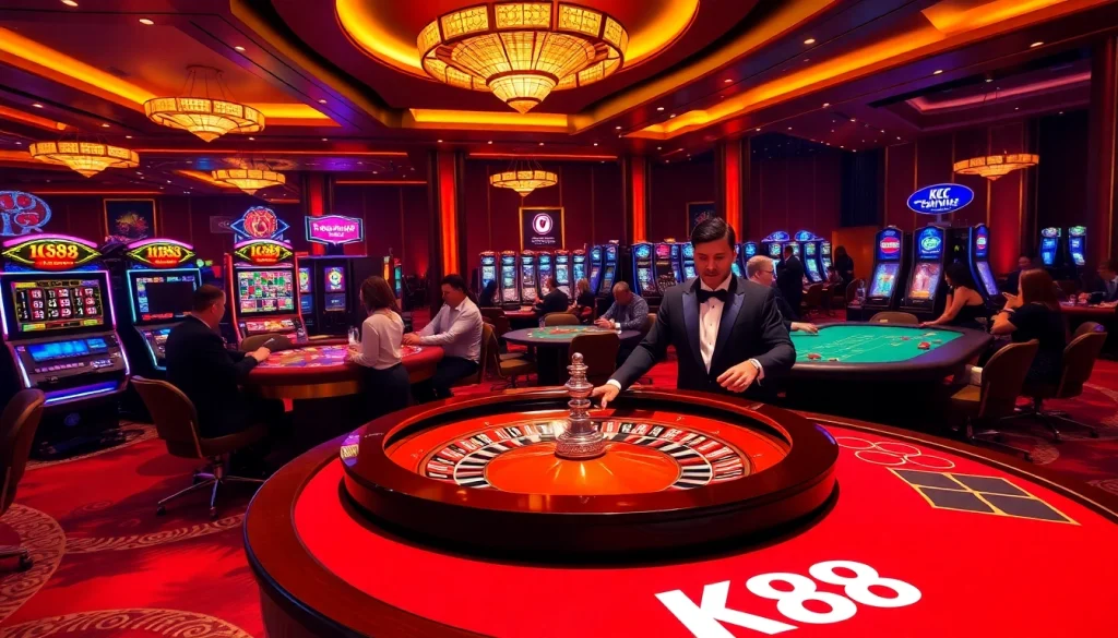 K88 casino scene with players engaging at poker and roulette tables, showcasing luxury and excitement.