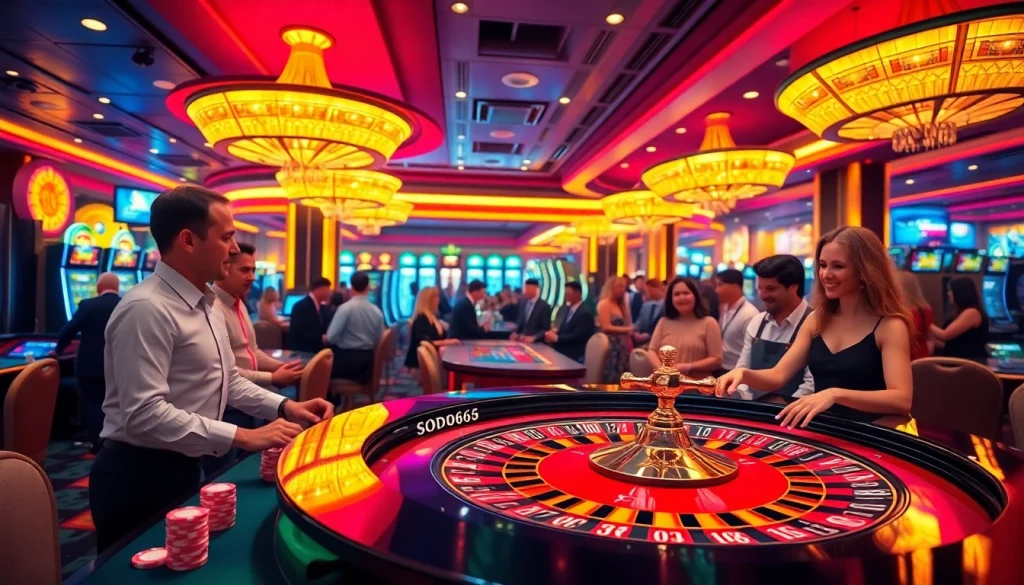 SODO66 casino scene showcasing players at a roulette table, vibrant and thrilling atmosphere