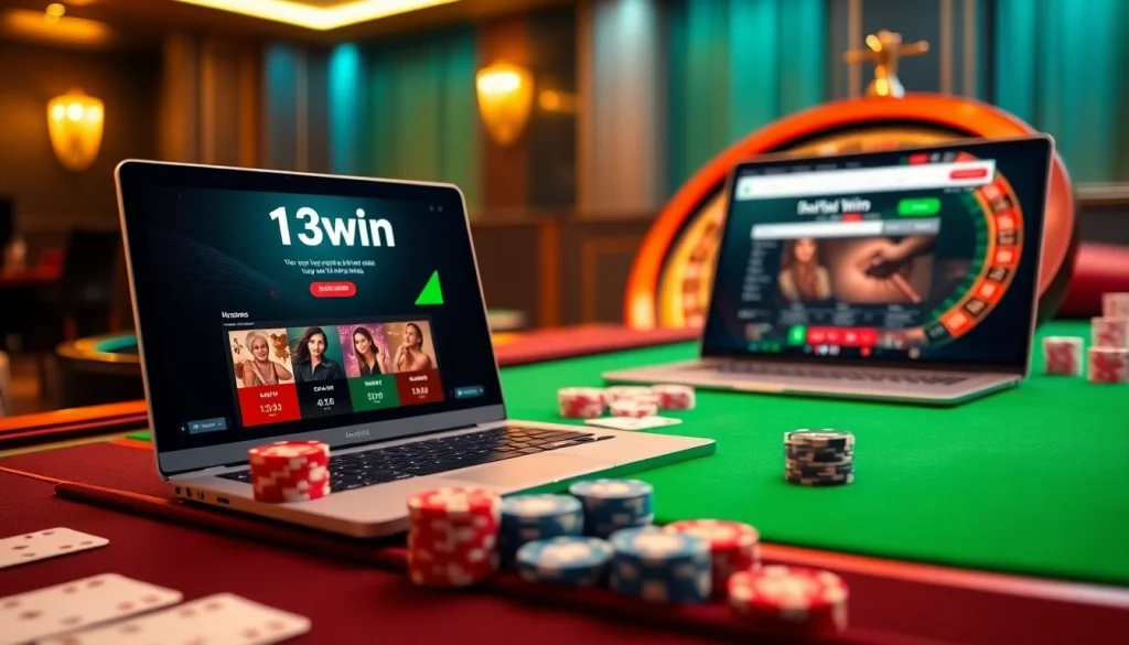 Experience the thrill of 13win with our vibrant online casino scene, featuring poker chips, a roulette wheel, and dynamic betting.