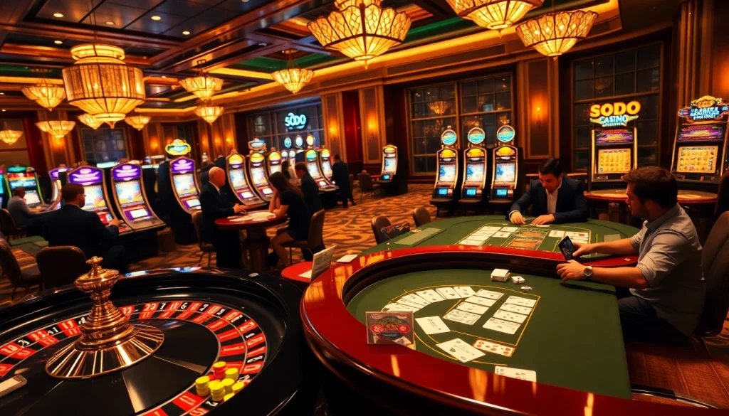 SODO CASINO players enjoying card games, dices, and vibrant slot machines in an elegant casino setting.