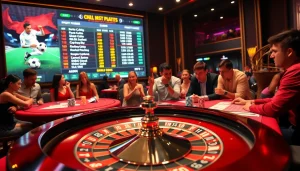 Soi kèo bóng đá being analyzed in a luxurious casino environment with poker chips and betting slips.