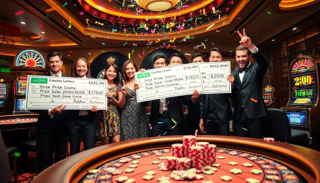 Explosion of a prize-winning lottery celebration in a vibrant casino scene.