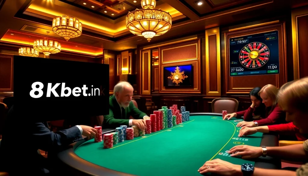 Players engage in high-stakes poker at 8kbet.ink, surrounded by stacks of colorful chips and luxurious ambiance.