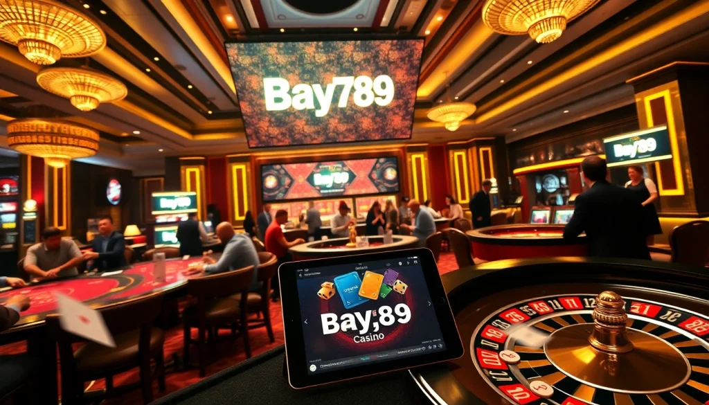 Players enjoying games at Bay789 casino, featuring poker tables and vibrant betting action.