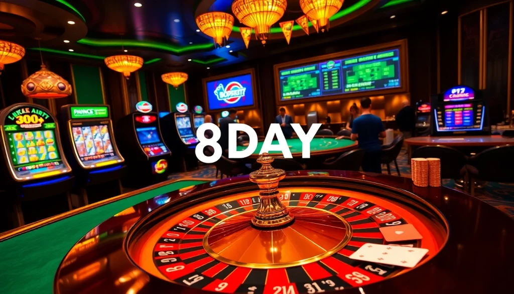 Experience the thrill of 8DAY at an elegant casino with vibrant slot machines and poker games.
