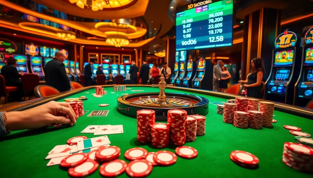 SODO66 poker players bet with excitement at a vibrant casino table featuring cards and chips.
