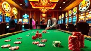 Players enjoying a thrilling SODO66 casino experience at a vibrant gaming table with poker chips and slots.