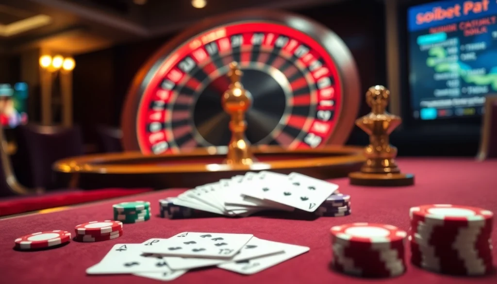 Soibet players enjoying a thrilling game at a lavish casino table with poker chips and cards.