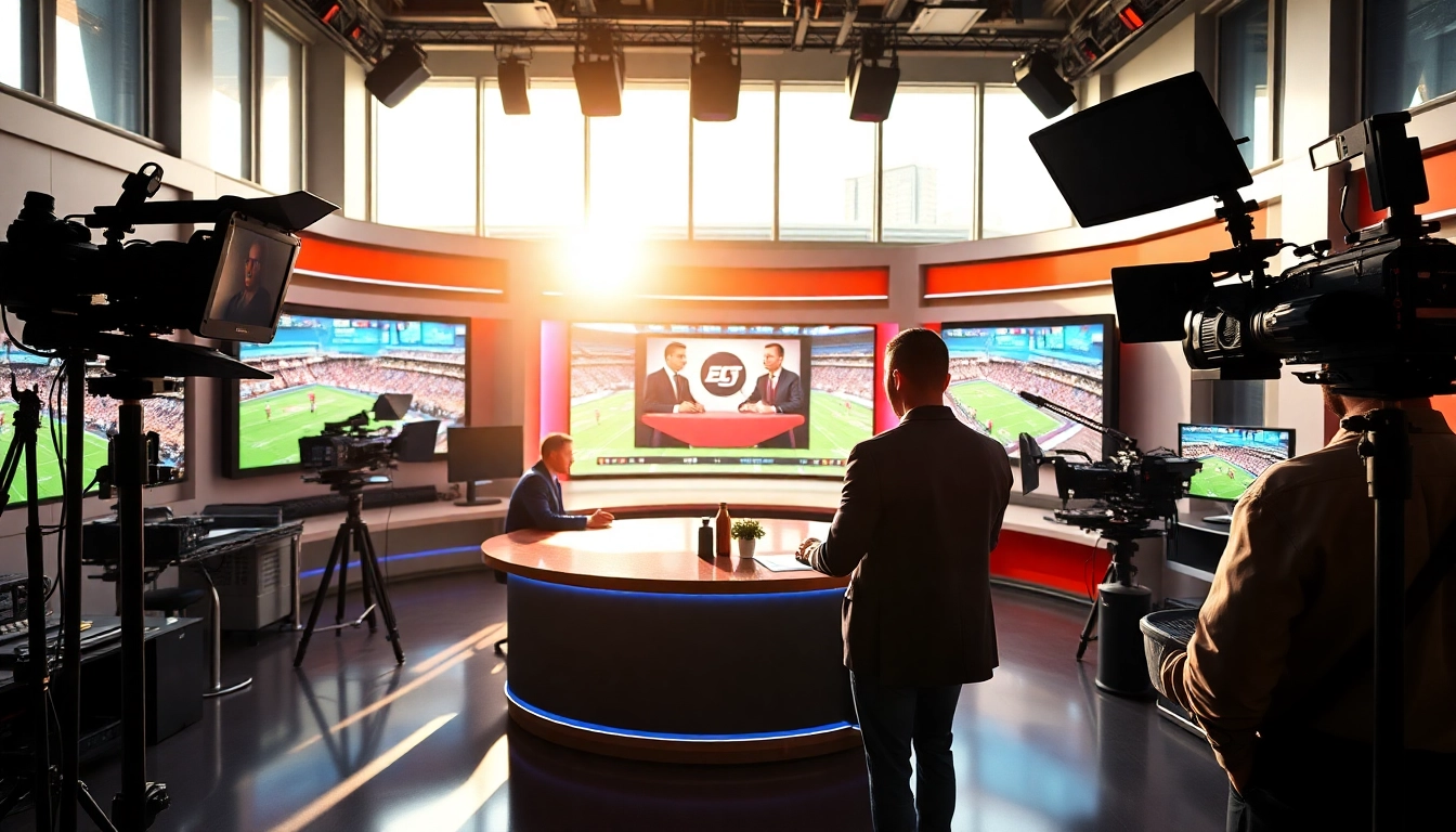 Dynamic sports broadcasting studio with hosts preparing for a live segment.
