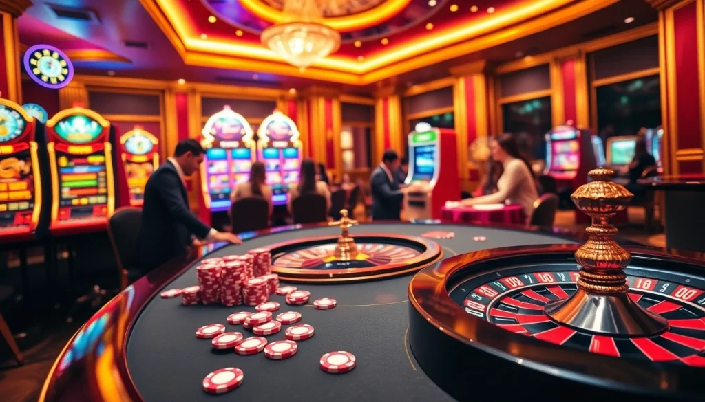 Experience thrilling casino action with tg88, showcasing a vibrant poker table and spinning roulette wheel in an upscale setting.