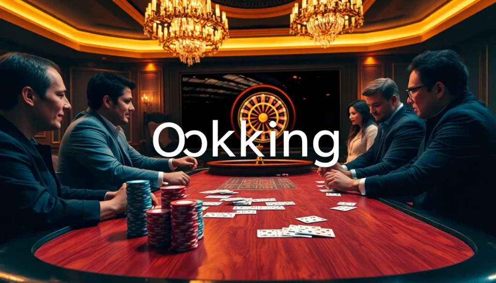Professional gamblers strategizing over an "Okking" poker table in a luxurious casino setting.