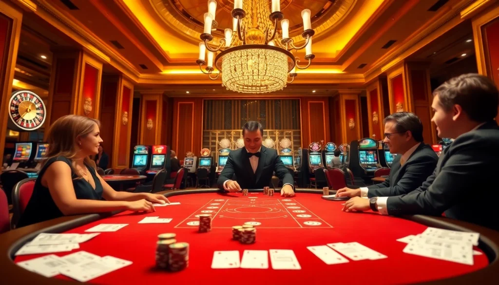 Experience high-stakes gambling action at De bet with vibrant poker tables and exciting casino atmosphere.