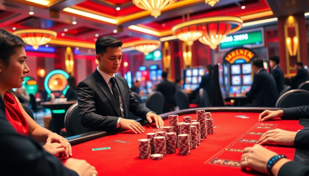 Engage in high-stakes gaming at Xin88's elegant casino table surrounded by vibrant excitement.