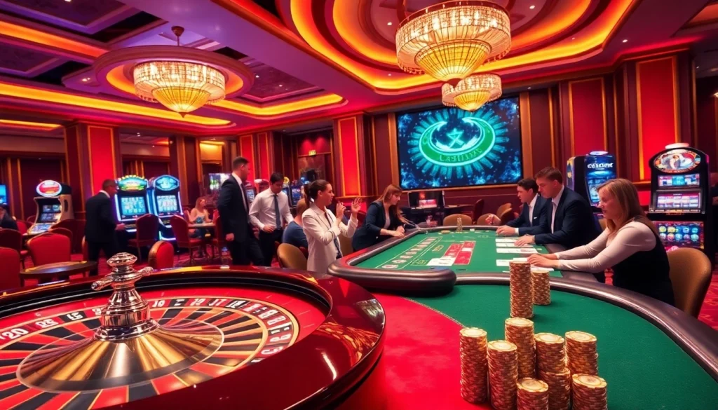 Players experiencing the excitement of KJC's vibrant casino with roulette and poker tables.