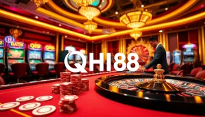 Experience thrilling gameplay at QH88 with an exciting casino atmosphere full of poker chips and roulette wheels.
