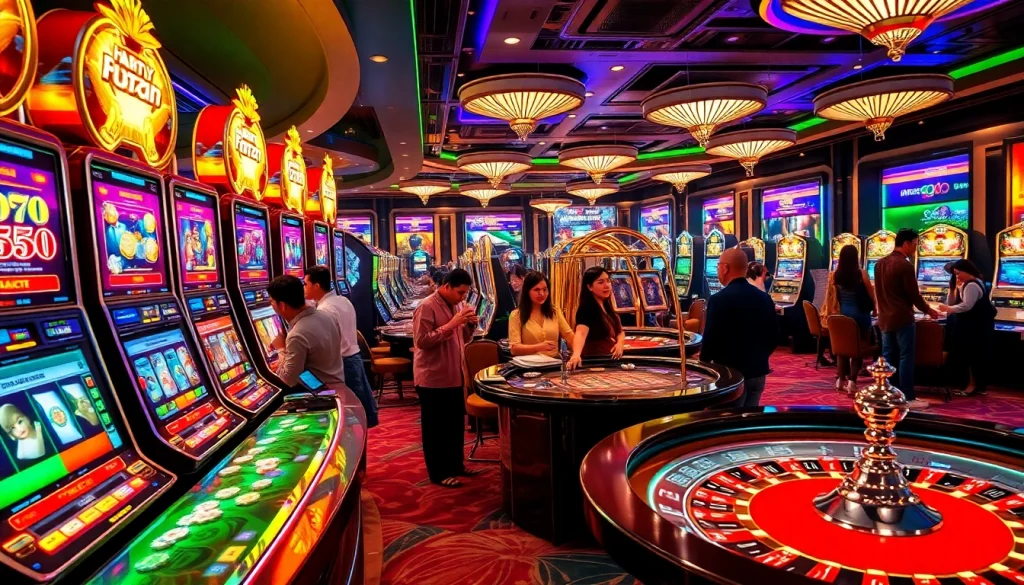 Nổ Hũ Đổi Thưởng game experience in a luxurious casino with vibrant slot machines and eager players.