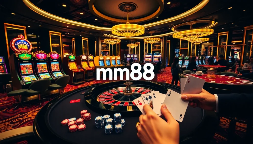 Experience high-stakes action at mm88's luxurious casino, featuring roulette and vibrant slot machines.