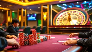 Players engaging in a thrilling game at the GO99-themed poker table in a luxurious casino.
