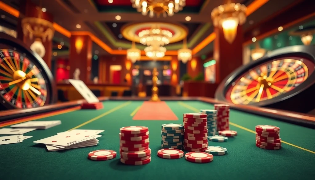 i9bet showcases an elegant casino scene with active poker tables and vibrant colorful chips.