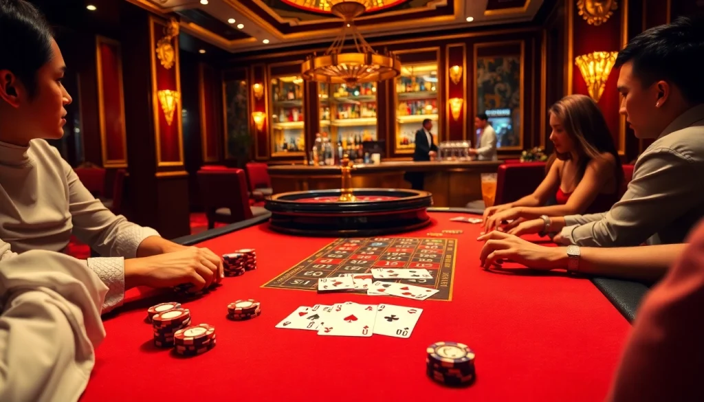 Engage in an exciting J88 poker game amid a luxurious casino atmosphere with vibrant decor.
