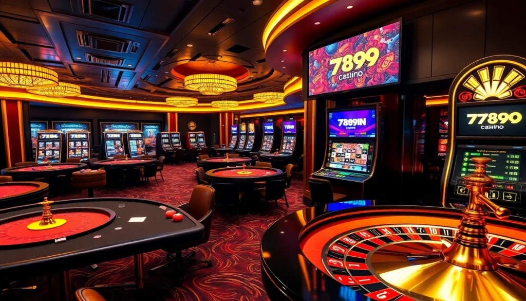 A thrilling casino ambiance showcasing high-stakes gambling at 789win com with tables, chips, and a roulette wheel.