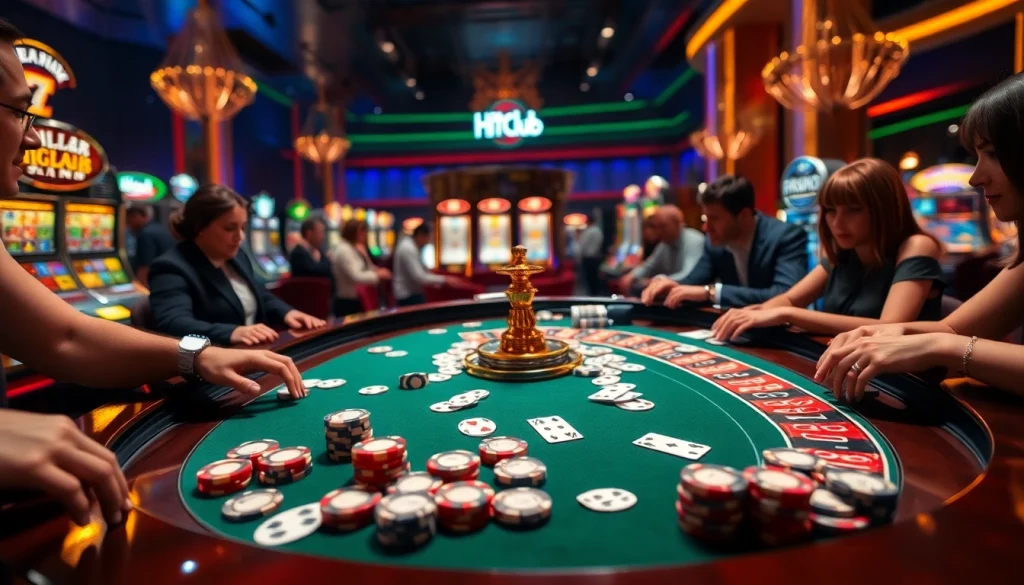 Hitclub players excitedly engaging at a roulette table in a luxurious casino setting.