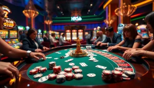 Hitclub players excitedly engaging at a roulette table in a luxurious casino setting.